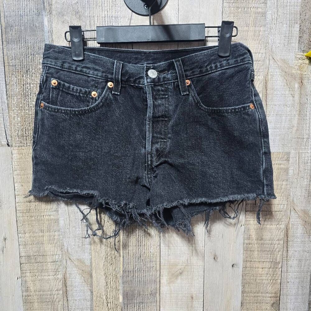Levi's 501 Black Denim Distressed High Rise Jean Shorts Button Fly 26